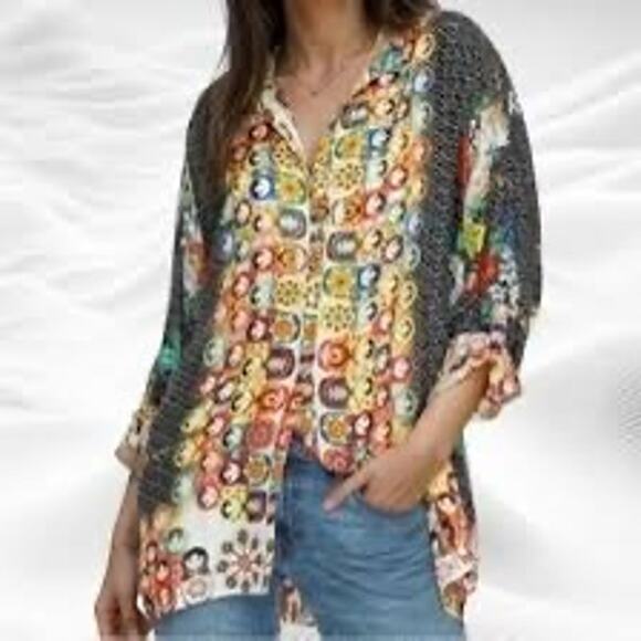 Johnny Was RARE Babette Russian Nesting Dolls 100% Silk Top/tunic Size 2XL - Picture 1 of 10
